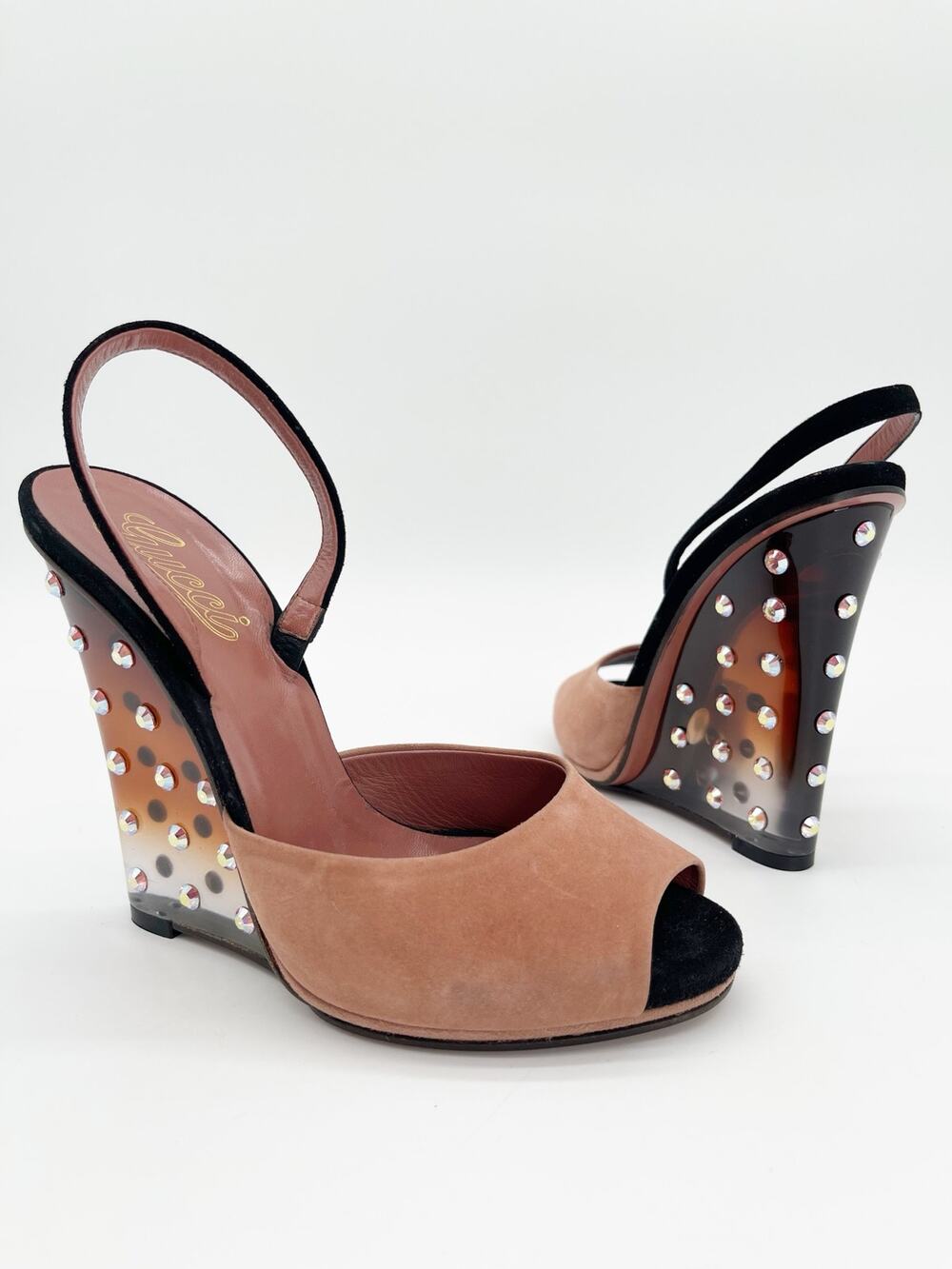 Gucci Vintage Blush Suede Swarovski Crystal Lucite Ombre Wedge Sandals IT 37.5